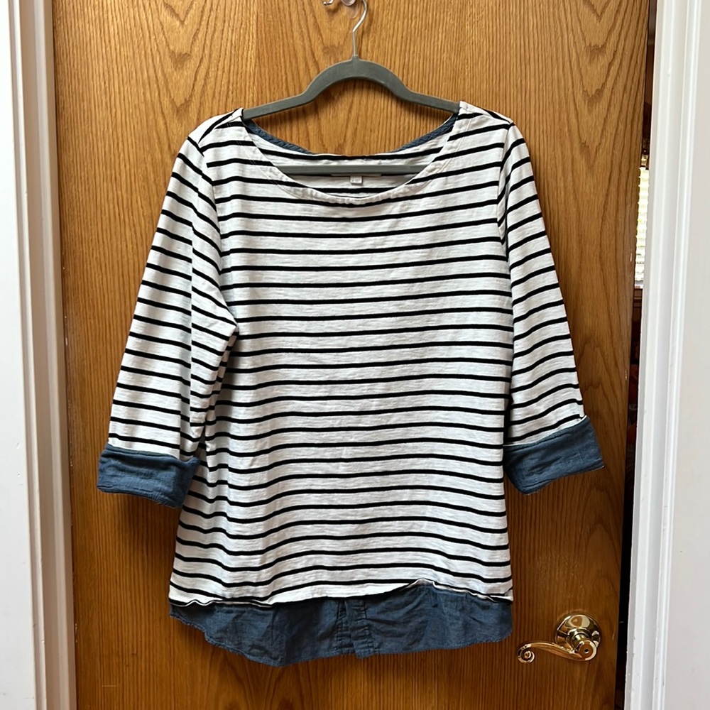 Striped Sweater top with Chambray sleeve Detail